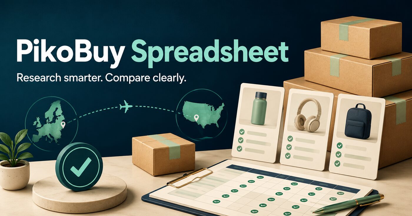 PikoBuy Spreadsheet research board with parcels, product cards and quality check marks